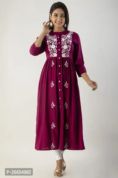 Stylish Purple Viscose Rayon A-Line Embroidered Stitched Kurti For Women-thumb0