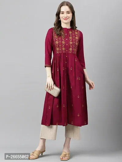 Stylish Maroon Viscose Rayon A-Line Embroidered Stitched Kurti For Women