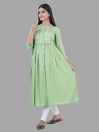 Stylish Green Viscose Rayon A-Line Embroidered Stitched Kurti For Women-thumb2