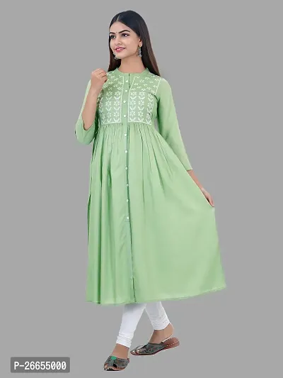 Stylish Green Viscose Rayon A-Line Embroidered Stitched Kurti For Women-thumb3