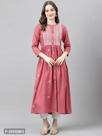 Stylish Pink Viscose Rayon A-Line Embroidered Stitched Kurti For Women