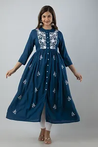 Stylish Blue Viscose Rayon A-Line Embroidered Stitched Kurti For Women-thumb1