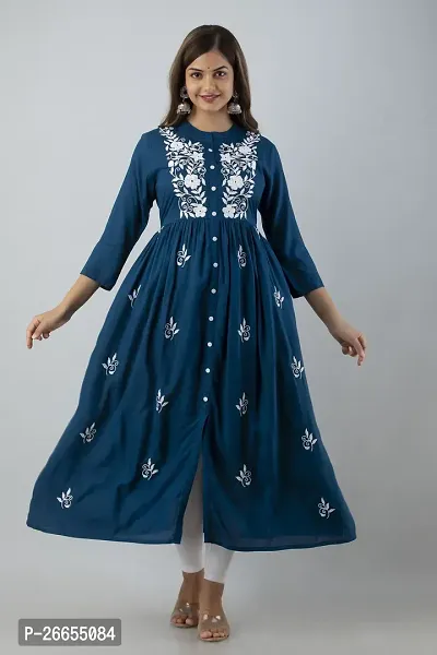 Stylish Blue Viscose Rayon A-Line Embroidered Stitched Kurti For Women-thumb2