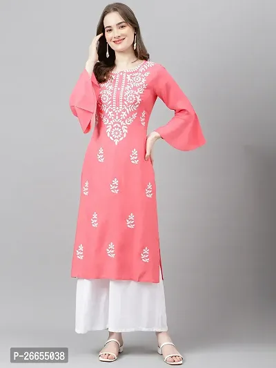 Stylish Pink Viscose Rayon A-Line Embroidered Stitched Kurti For Women-thumb2