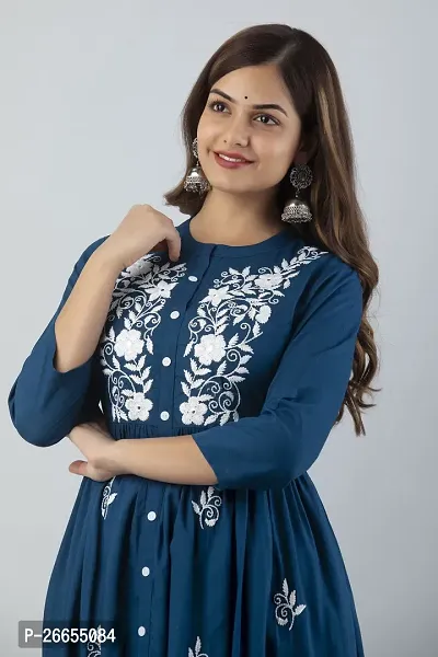 Stylish Blue Viscose Rayon A-Line Embroidered Stitched Kurti For Women-thumb5