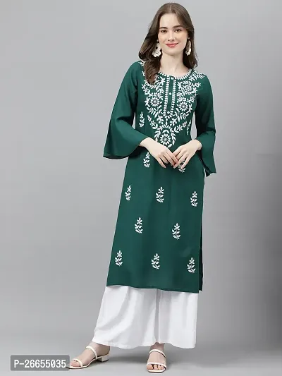 Stylish Green Viscose Rayon A-Line Embroidered Stitched Kurti For Women-thumb0