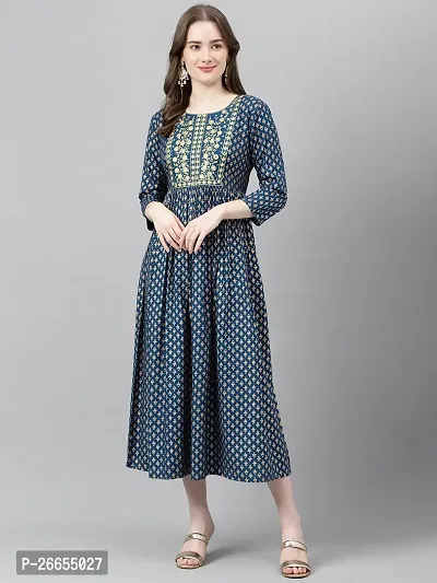 Stylish Blue Viscose Rayon A-Line Embroidered Stitched Kurti For Women-thumb0