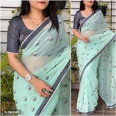 Beautiful Georgette Embroidered Saree With Blouse Piece For Women-thumb0