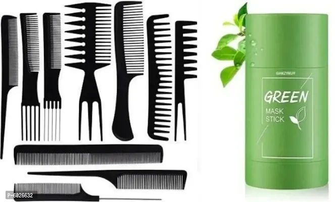 10Pcs Pro Salon Hair Cut Styling Hairdressing Barbers Combs Brush Comb Set, Black (Set of 10) with Green mask stick