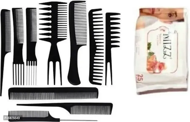 10Pcs Pro Salon Hair Cut Styling Hairdressing Barbers Combs Brush Comb Set, Black (Set of 10) with Mizz Face Wipes-thumb0