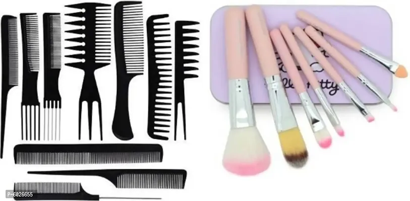 10Pcs Pro Salon Hair Cut Styling Hairdressing Barbers Combs Brush Comb Set, Black (Set of 10) with Hello Kitty(set of 7 makeup Brushes