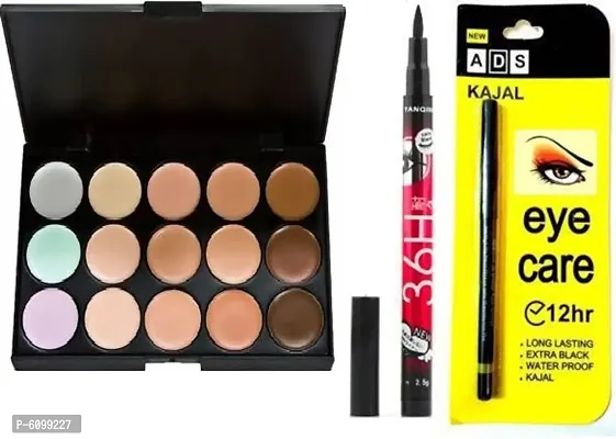 15 Color Cream Concealer Palette Concealer 03 Concealer  (shade 03, 18 g) with 36H eyeliner and Ads Kajal