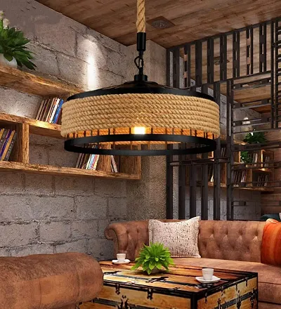 LIGHT4LIFE Rope Jute Metal Basket Ceiling Pendant Hanging Retro Industrial , Rope Iron Candlestick Light Round Lamp for Living Room, Home, Bedroom, Indoor Lighting Bulb Included