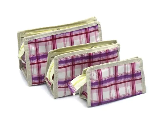 Multi Color Check Pattern Travel Pouch Set of 3 (Large, Medium,Small) (Purple)