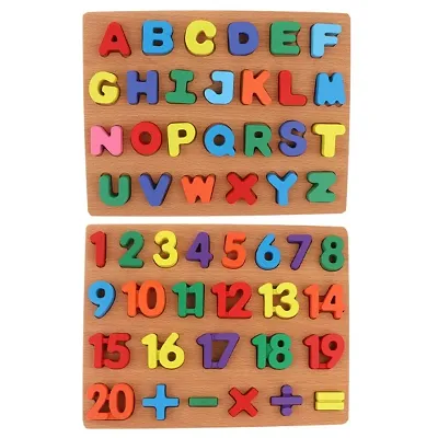 Montessori Wooden 3D Letter Number Toys Block Matching Board Wooden Puzzle Hand Grab Board Chunky Blocks Baby Toy - Letters and Number