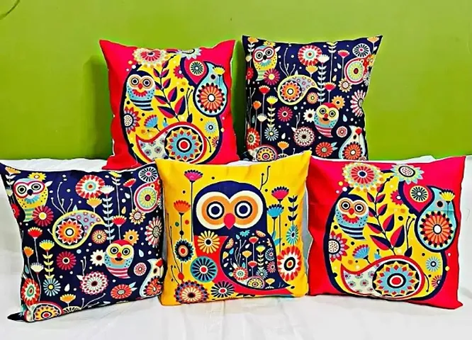 RAJALWAL Fabric Multicolored Feather Digital Print Cushion Cover, Colorful Cushion Covers, Printed Cushion Covers (16X16 inch ,Set of 5)