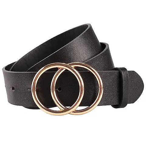 Fashion Bee Women's PU Leather Belt Double O Ring Soft Faux Leather Waist Belt (Black)