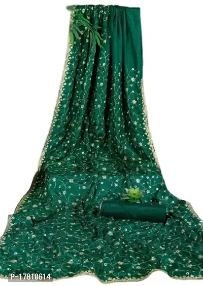 KRISHVI CREATION Women's Solid Vichitra Silk 5.5 Meter Saree with 0.8 Meter Unstitched Blouse Piece (Green)-thumb0