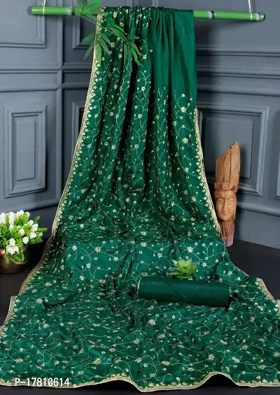 KRISHVI CREATION Women's Solid Vichitra Silk 5.5 Meter Saree with 0.8 Meter Unstitched Blouse Piece (Green)-thumb3