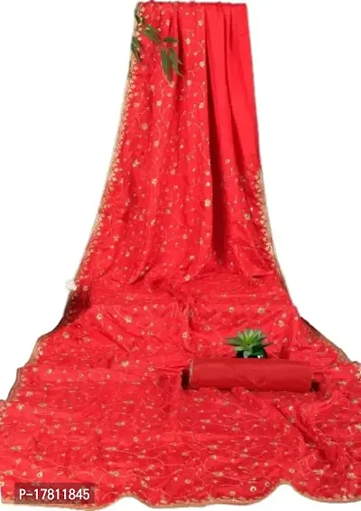 KRISHVI CREATION Women's Solid Vichitra Silk 5.5 Meter Saree with 0.8 Meter Unstitched Blouse Piece (Red)