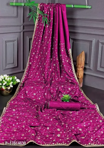 KRISHVI CREATION Women's Solid Vichitra Silk 5.5 Meter Saree with 0.8 Meter Unstitched Blouse Piece (Pink).-thumb3