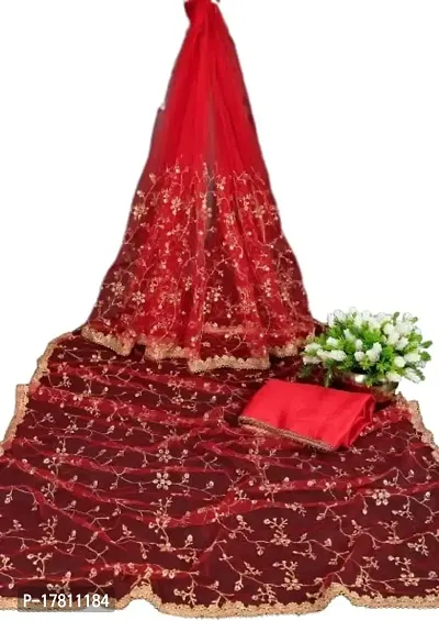 KRISHVI CREATION Women's Solid Net 5.5 Meter Saree with 0.8 Meter Unstitched Blouse Piece (Red)-thumb0