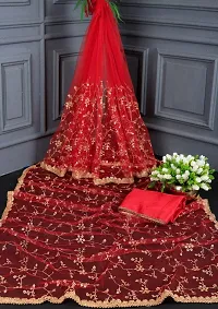 KRISHVI CREATION Women's Solid Net 5.5 Meter Saree with 0.8 Meter Unstitched Blouse Piece (Red)-thumb2