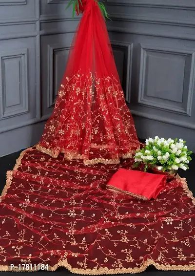 KRISHVI CREATION Women's Solid Net 5.5 Meter Saree with 0.8 Meter Unstitched Blouse Piece (Red)-thumb3