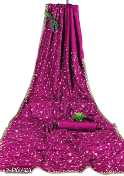 KRISHVI CREATION Women's Solid Vichitra Silk 5.5 Meter Saree with 0.8 Meter Unstitched Blouse Piece (Pink).
