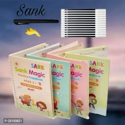 Sank Magic Practice Copybook, 4 Pcs Magic Calligraphy That Can Be Reused Handwriting Copybook Set with Pen and Pen Sleeve, Sank Magic Handwriting Book for Kid Calligraphic Letter Writing (4 Books + 10