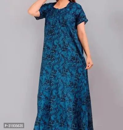 Stylish Blue Cotton Blend Printed Nighty For Women-thumb0