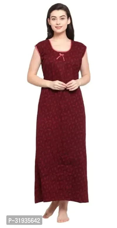 Stylish Maroon Cotton Blend Printed Nighty For Women-thumb0