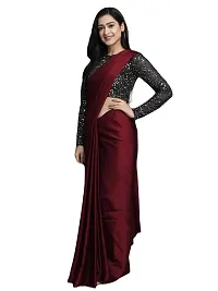 Elegant Satin Silk Maroon Solid Saree With Sequnce Unstitched Blouse Piece For Women-thumb3