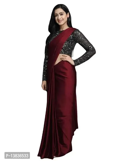 Elegant Satin Silk Maroon Solid Saree With Sequnce Unstitched Blouse Piece For Women-thumb4