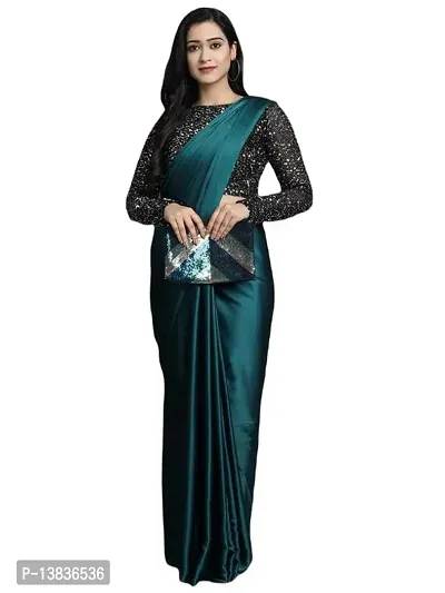 Elegant Satin Silk Teal Green Solid Saree With Sequnce Unstitched Blouse Piece For Women