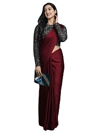 Elegant Satin Silk Maroon Solid Saree With Sequnce Unstitched Blouse Piece For Women-thumb2