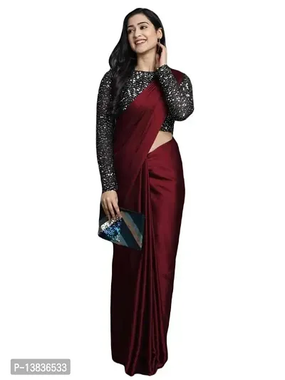 Elegant Satin Silk Maroon Solid Saree With Sequnce Unstitched Blouse Piece For Women-thumb3