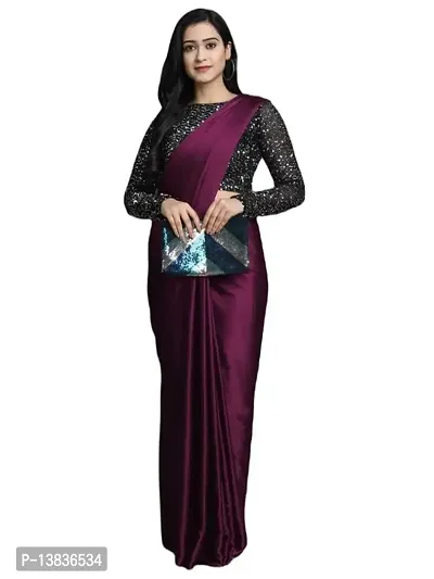 Elegant Satin Silk Purple Solid Saree With Sequnce Unstitched Blouse Piece For Women