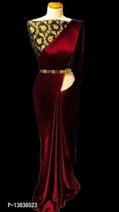 Elegant Satin Silk Maroon Solid Saree With Jacquard Unstitched Blouse Piece For Women-thumb0