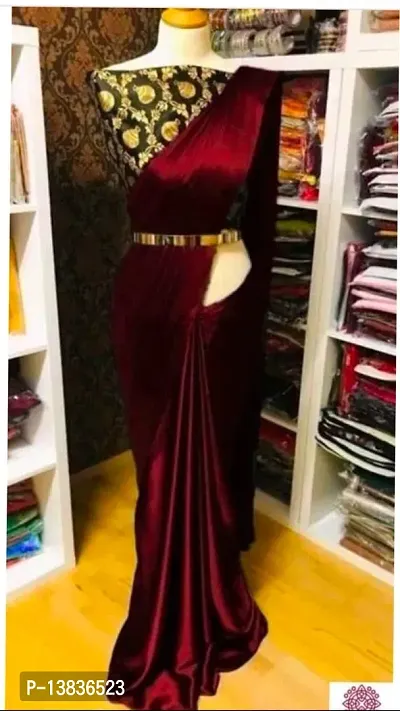 Elegant Satin Silk Maroon Solid Saree With Jacquard Unstitched Blouse Piece For Women-thumb2