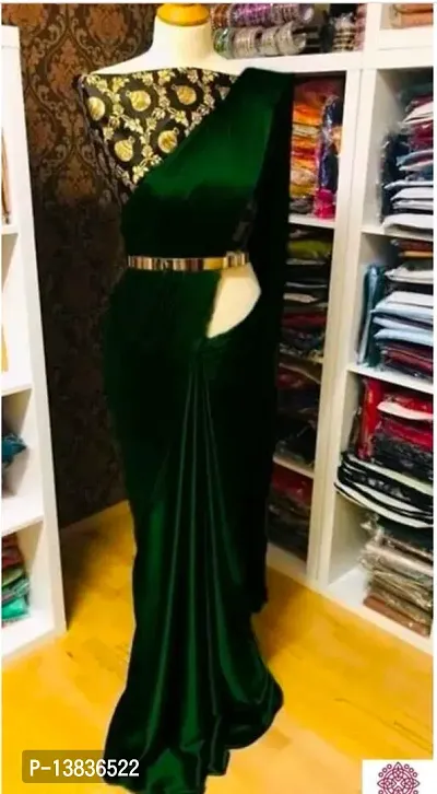 Elegant Satin Silk Green Solid Saree With Jacquard Unstitched Blouse Piece For Women-thumb2