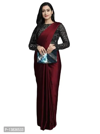 Elegant Satin Silk Maroon Solid Saree With Sequnce Unstitched Blouse Piece For Women