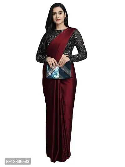 Elegant Satin Silk Maroon Solid Saree With Sequnce Unstitched Blouse Piece For Women-thumb0