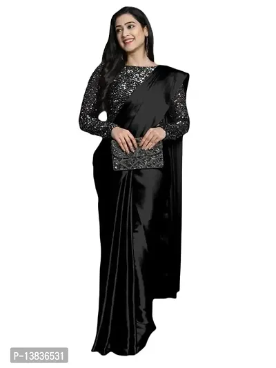 Elegant Satin Silk Black Solid Saree With Sequnce Unstitched Blouse Piece For Women