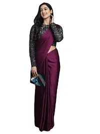 Elegant Satin Silk Purple Solid Saree With Sequnce Unstitched Blouse Piece For Women-thumb2