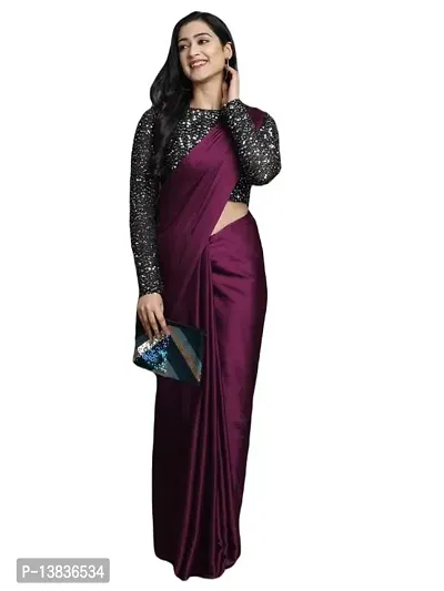 Elegant Satin Silk Purple Solid Saree With Sequnce Unstitched Blouse Piece For Women-thumb3