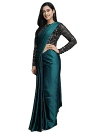 Elegant Satin Silk Teal Green Solid Saree With Sequnce Unstitched Blouse Piece For Women-thumb2