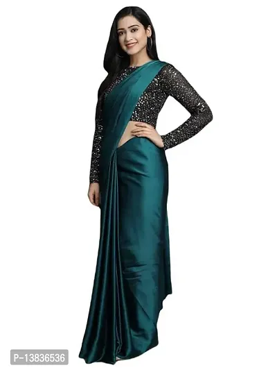 Elegant Satin Silk Teal Green Solid Saree With Sequnce Unstitched Blouse Piece For Women-thumb3