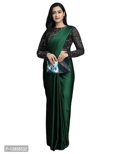 Elegant Satin Silk Green Solid Saree With Sequnce Unstitched Blouse Piece For Women