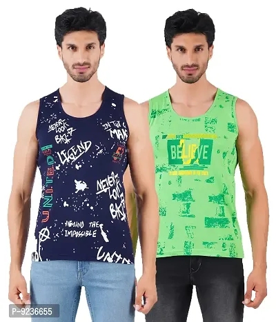 CHECKERSBAY Mens Printed Cotton Jersey Sleeveless T Shirt (Medium, Blue,Green)